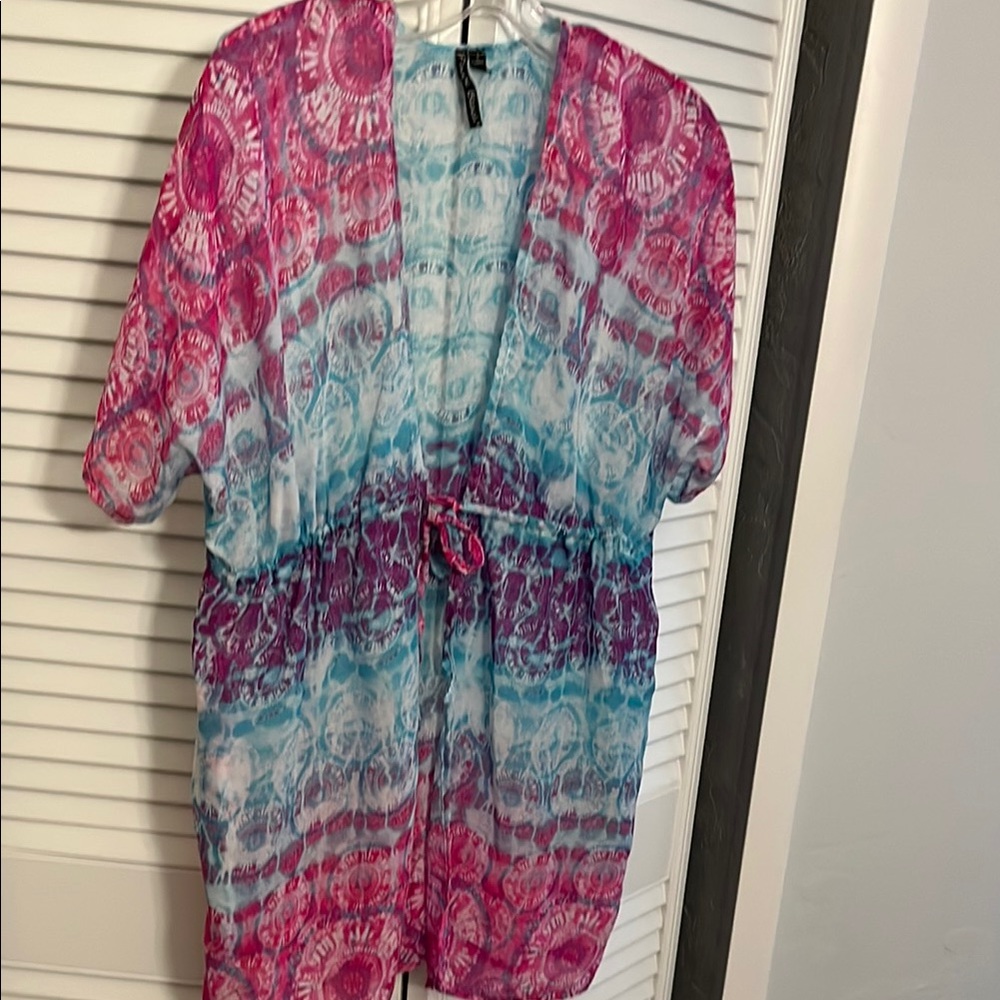 Pacific Beach Colorful Tie-Dye Kimono Cardigan tie front coverup sz S